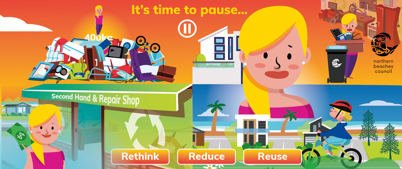 NORTHERN BEACHES COUNCIL (Australia). 

Rethink. Reduce. Reuse.
Illustration+story+animation 2D. Final editing QC VIDEO.