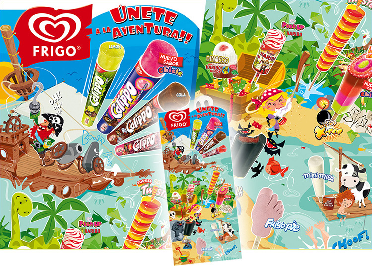 Ilustrador. dibujo publicitario para helados / ilustración para vallas publicitarias / stand de promoción de helados / ilustrador de Frigo / mascotas marcas /