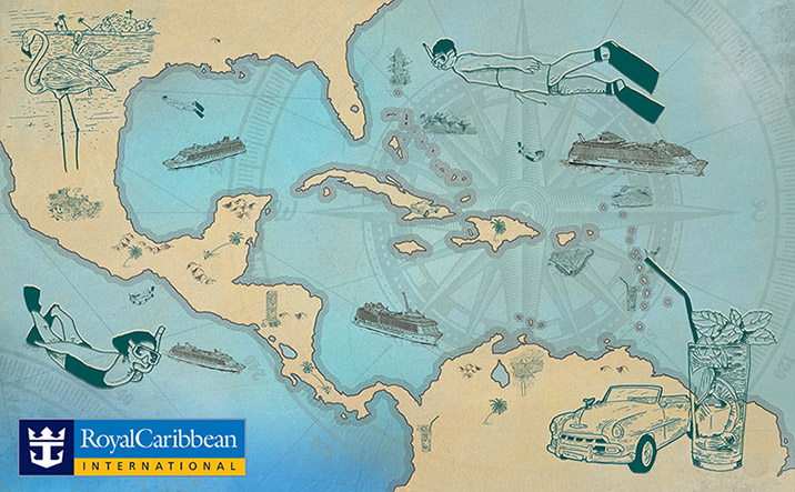 ROYAL CARIBBEAN. Mapa del Caribe con flota y puntos de interés. Dirección creativa Vertigo. Caribbean map with fleet and points of interest. Creative direction Vertigo