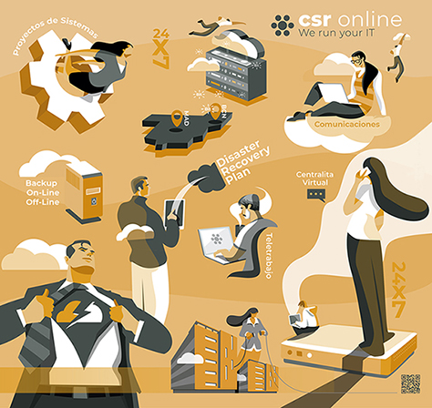 Diseño de la nueva imagen corporativa de la tecnológica CSR-ONLINE. Creación de ilustraciones y diseño del "Universo CSR".